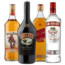 Captain Morgan spiced gold, Baileys Irish cream, Johnnie Walker of Smirnoff vodka